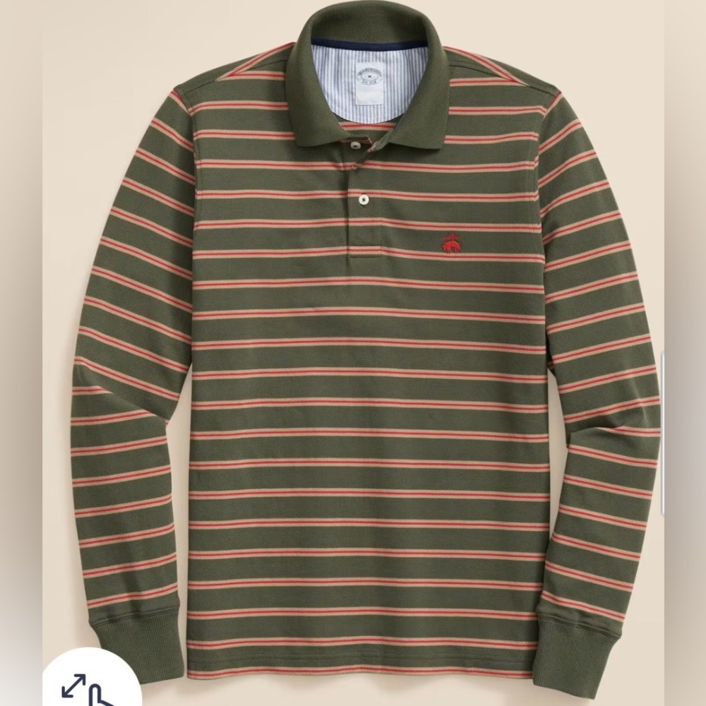 NWT Brooks Brothers Golden Fleece Stretch Supima Olive Green/Orange Striped Polo